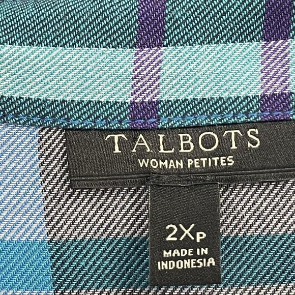 Talbots Blue Plaid Button Down Shirt Peplum Rayon Sz 2X Petite - Picture 4 of 7